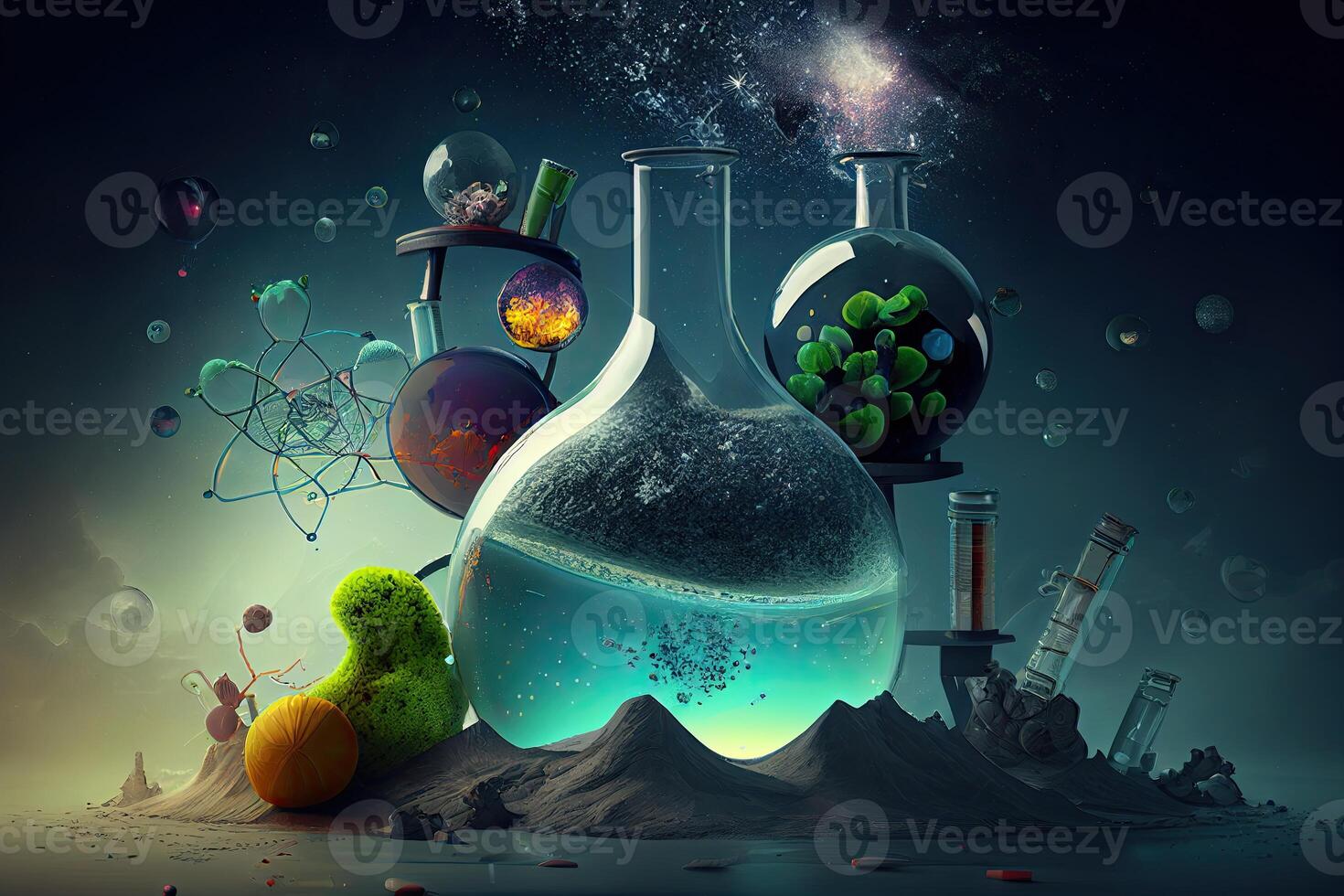 science Contexte illustration, scientifique conception. flacons, verre et chimie, la physique éléments. génératif ai photo