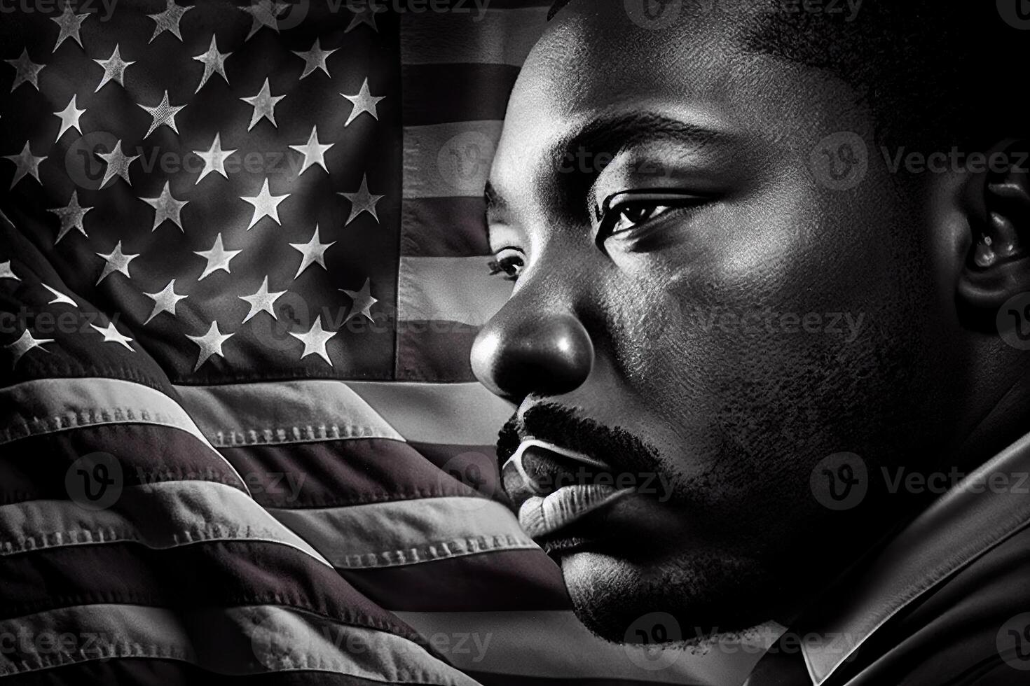 Martin Luther Roi jr journée Contexte avec visage portrait et Etats-Unis nationale drapeau, génératif ai toile de fond photo