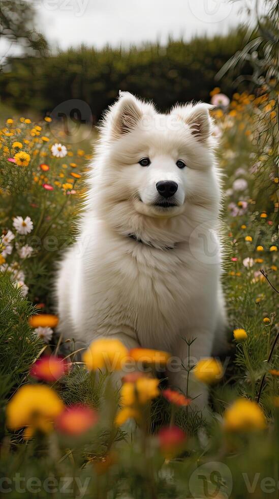 chien de le samoyède race est assis contre le Contexte de une épanouissement prairie. content chien. génératif ai photo