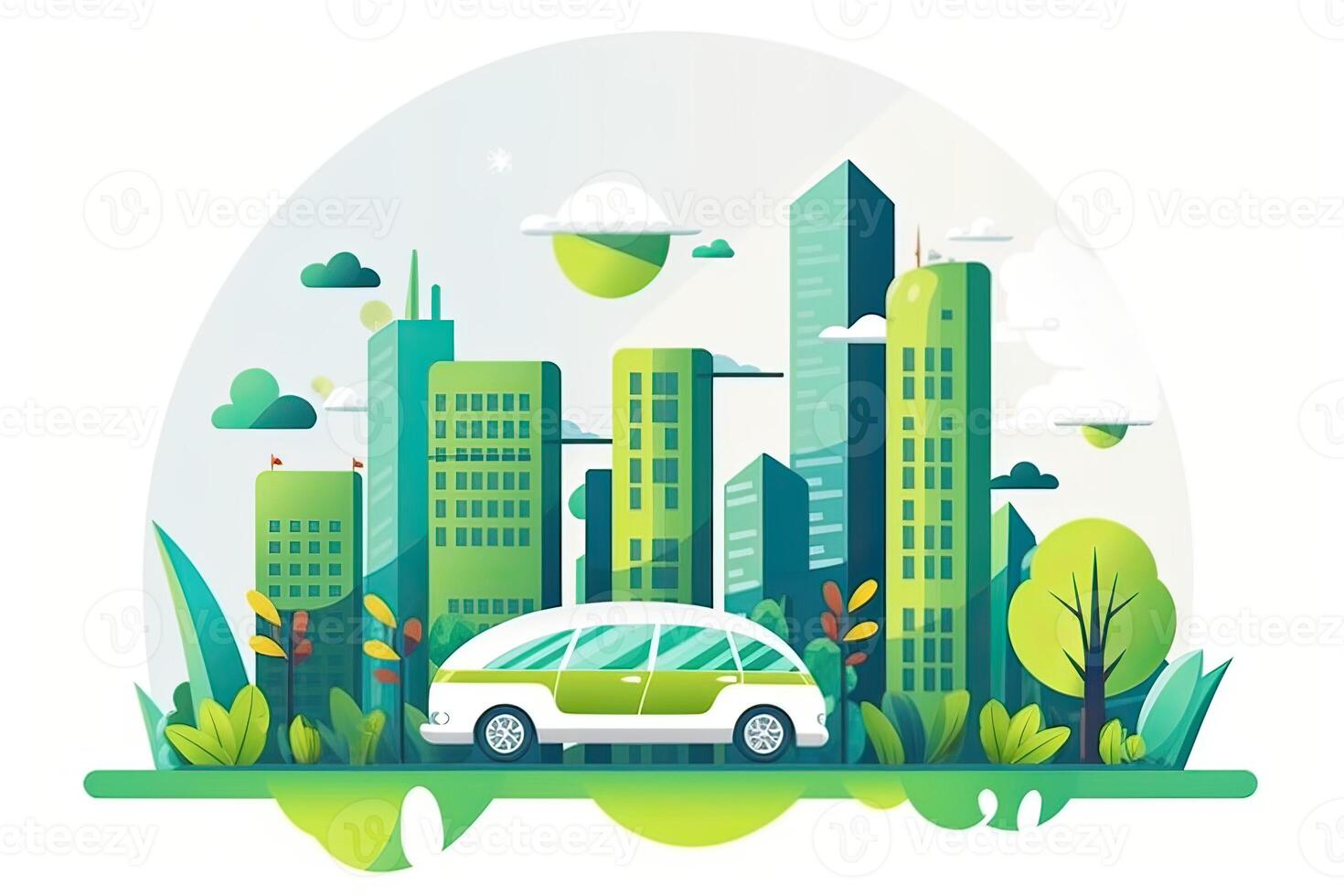 vert écologie ville avec environnement auto. enregistrer le monde et énergie concept. illustration dans plat style moderne conception. génératif ai. photo