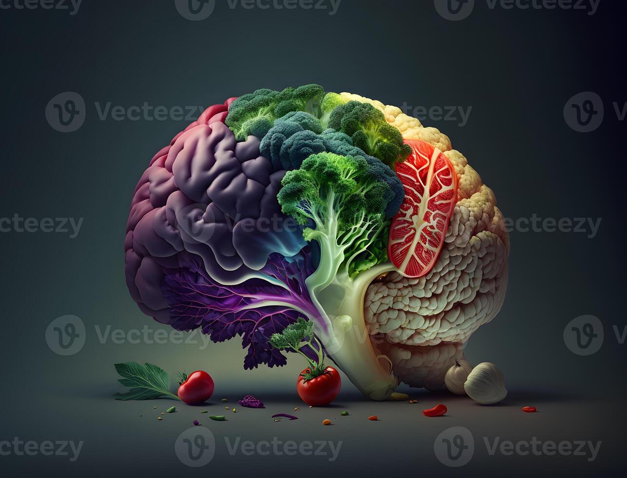 Humain cerveau est fabriqué de divers des légumes. nutrition pour une en bonne santé cerveau. fond d'écran, ai généré photo