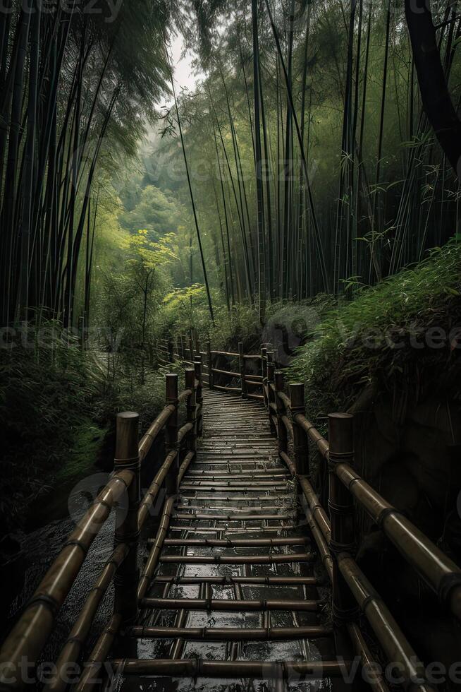 paysage de bambou forêt dans printemps entouré par silence. chemin à bambou forêt. génératif ai. photo