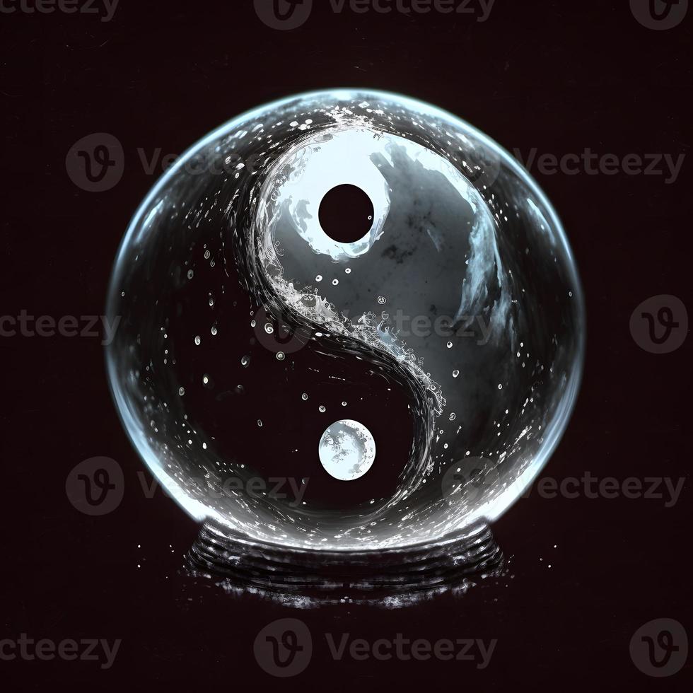 une clair verre Balle avec le mot yin Yang sur il. photo