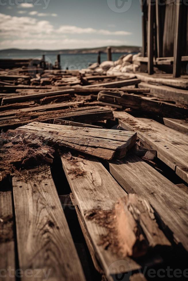 vieux en bois jetée sur le plage à le coucher du soleil. sélectif concentrer photo