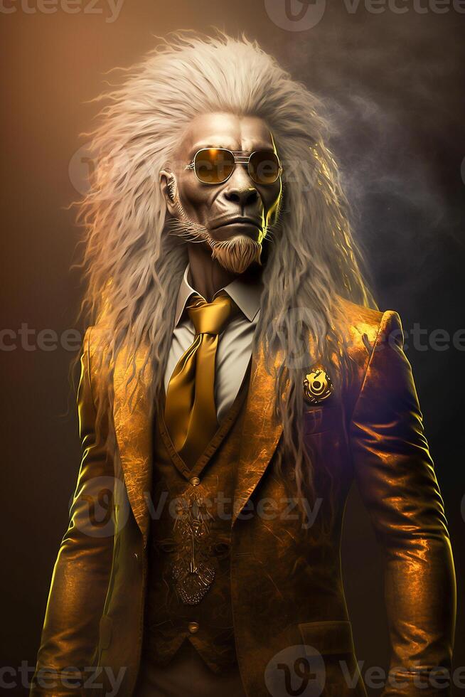 une Lion habillé dans une formel Jaune affaires costume. génératif ai illustration. photo