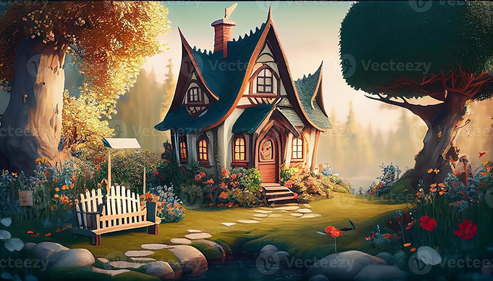 petit mignonne confortable confort maison village pays maison bâtiment et herbe jardin paysage scène vue illustration photo