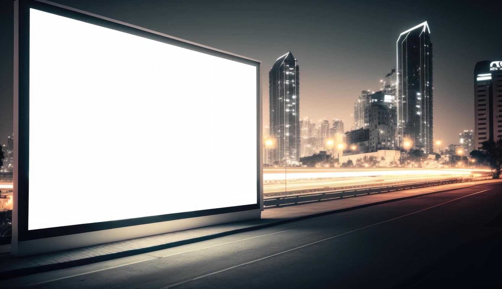 futuriste ville avec blanc Vide panneau d'affichage, nuit vue photo