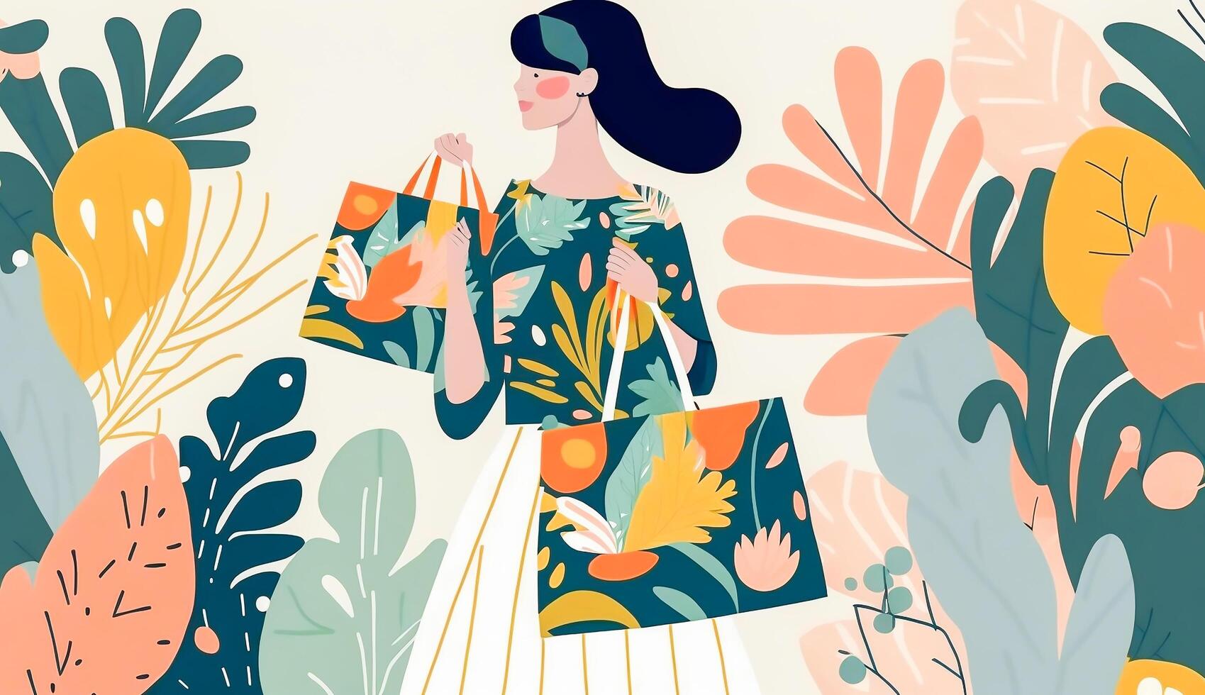 magnifique femme en portant achats sac avec moderne coloré tropical floral modèle. main tiré illustration, génératif ai photo