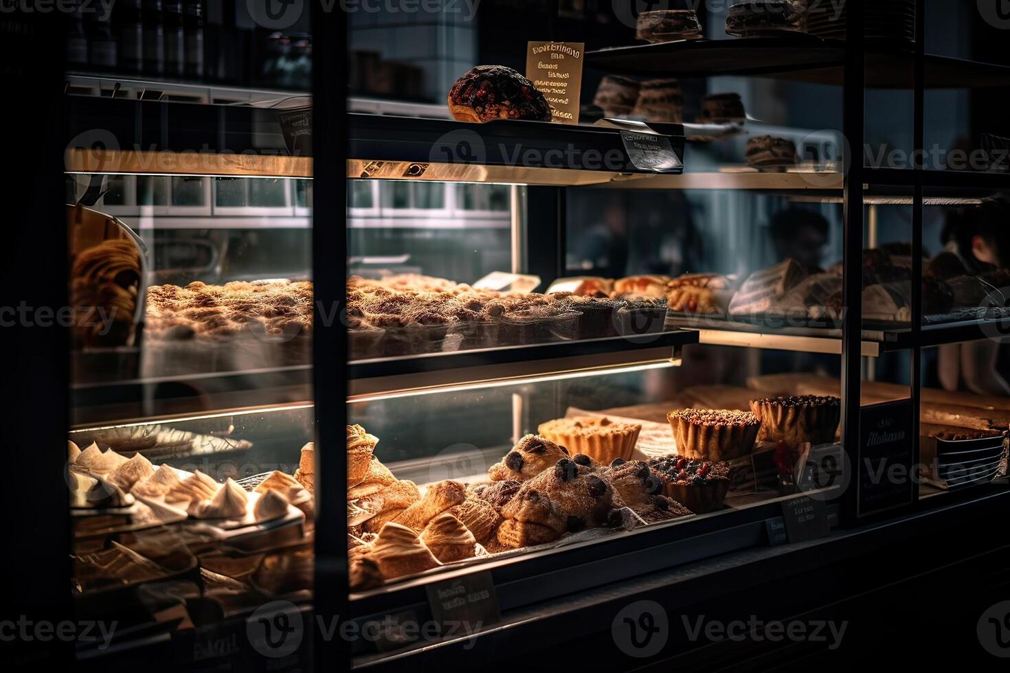 boulangerie intérieur avec afficher compteurs plein de délicieux pain et des pâtisseries. magasin une pâtisserie ou boulangerie avec des croissants, Pomme tartes, gaufres, et Churros. fraîchement cuit des pâtisseries. génératif ai photo