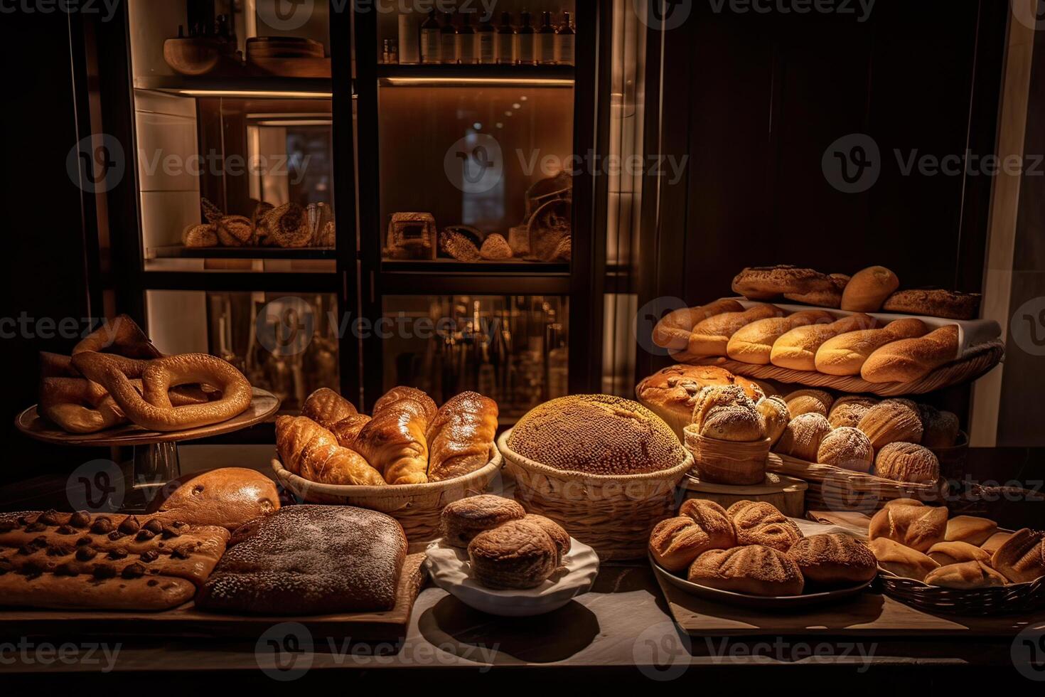 boulangerie intérieur avec afficher compteurs plein de délicieux pain et des pâtisseries. magasin une pâtisserie ou boulangerie avec des croissants, Pomme tartes, gaufres, et Churros. fraîchement cuit des pâtisseries. génératif ai photo