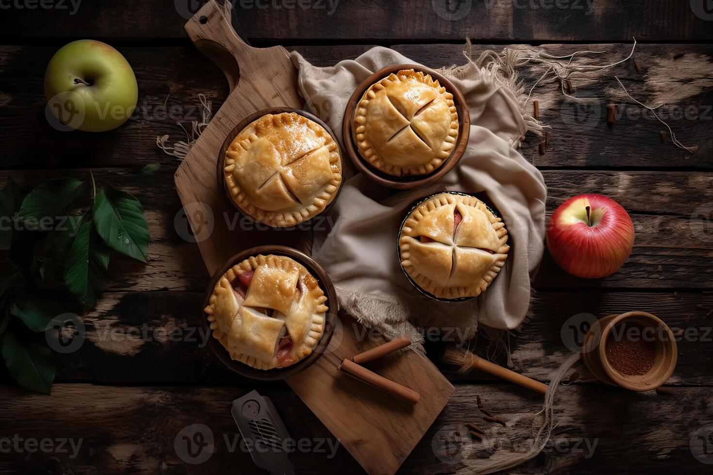 fait maison Pomme tarte. fait maison Pomme tartes sur en bois arrière-plan, Haut voir. classique l'automne action de grâces dessert - biologique Pomme tarte. génératif ai photo