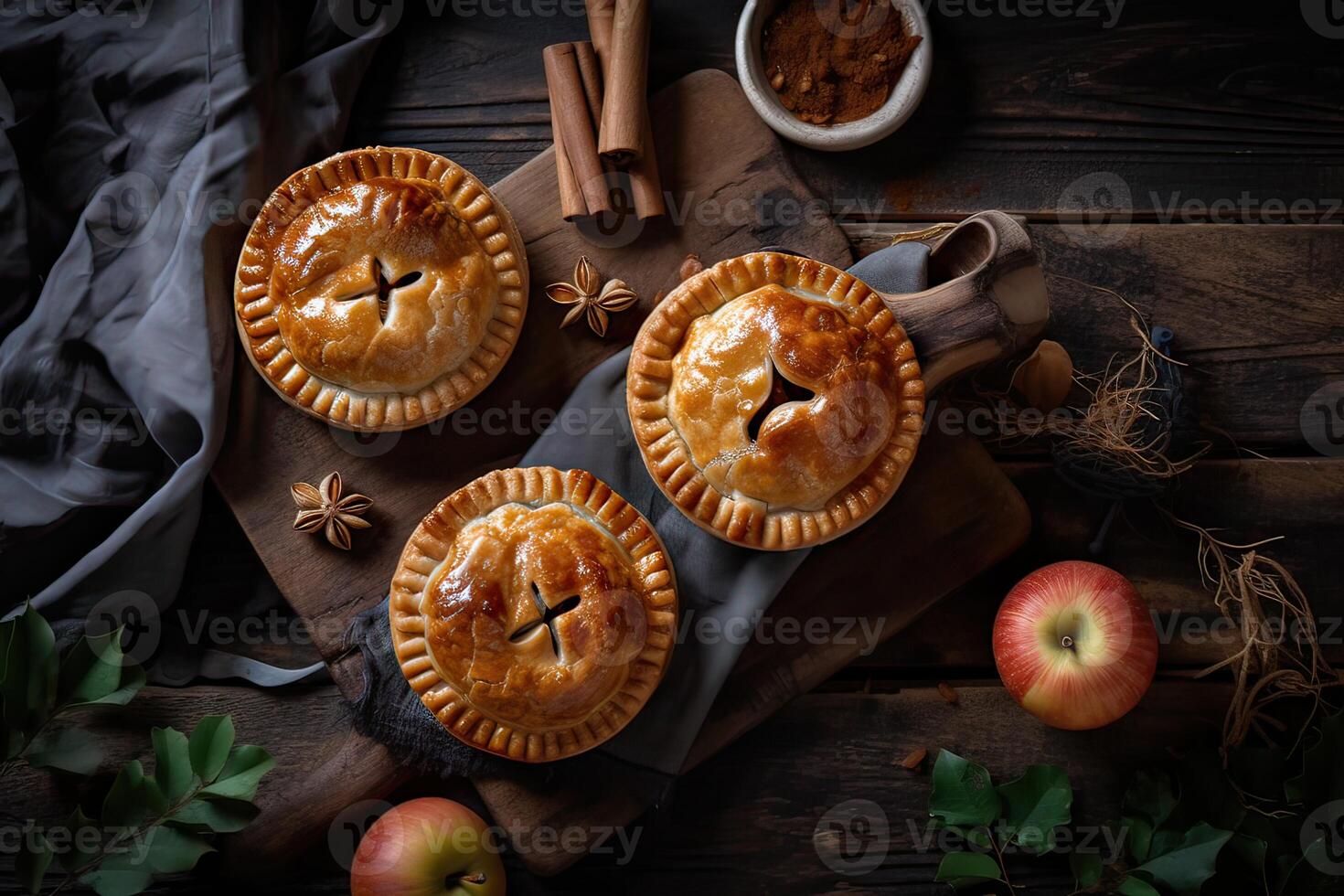 fait maison Pomme tarte. fait maison Pomme tartes sur en bois arrière-plan, Haut voir. classique l'automne action de grâces dessert - biologique Pomme tarte. génératif ai photo