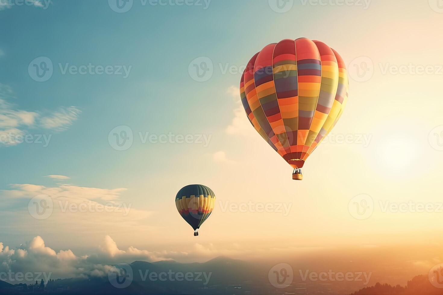 coloré chaud air ballon en volant sur ciel à le coucher du soleil. Voyage et air transport concept. génératif ai. photo