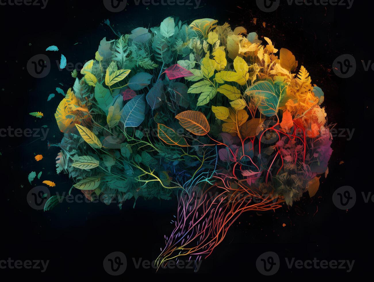 Humain cerveau arbre avec coloré feuilles, Créatif esprit avec noir Contexte. ai généré photo