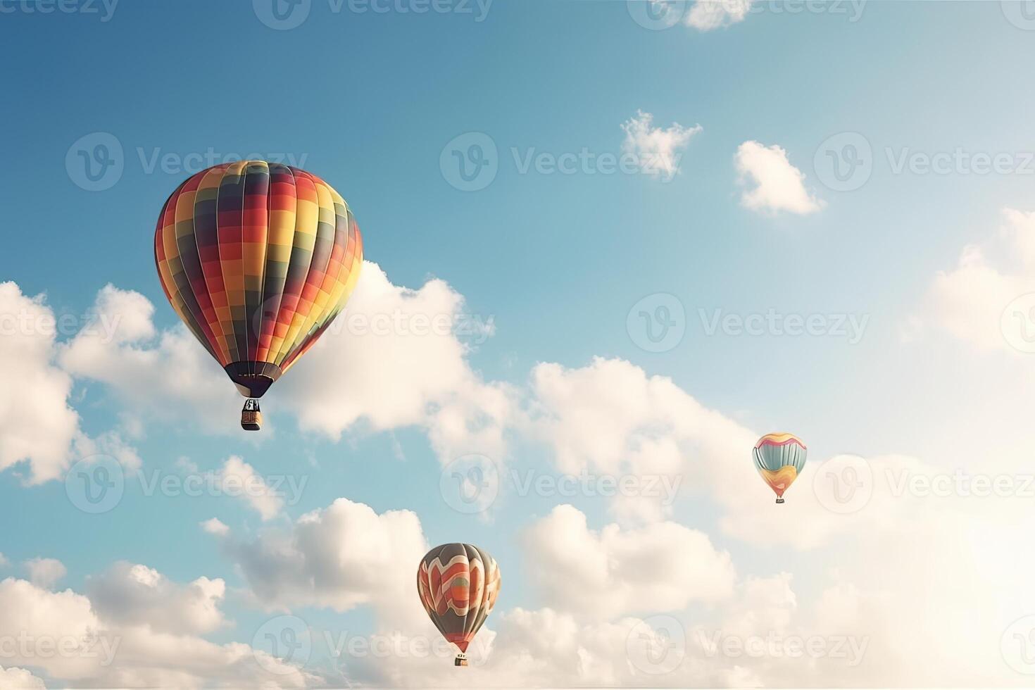 coloré chaud air ballon en volant sur ciel à le coucher du soleil. Voyage et air transport concept. génératif ai. photo