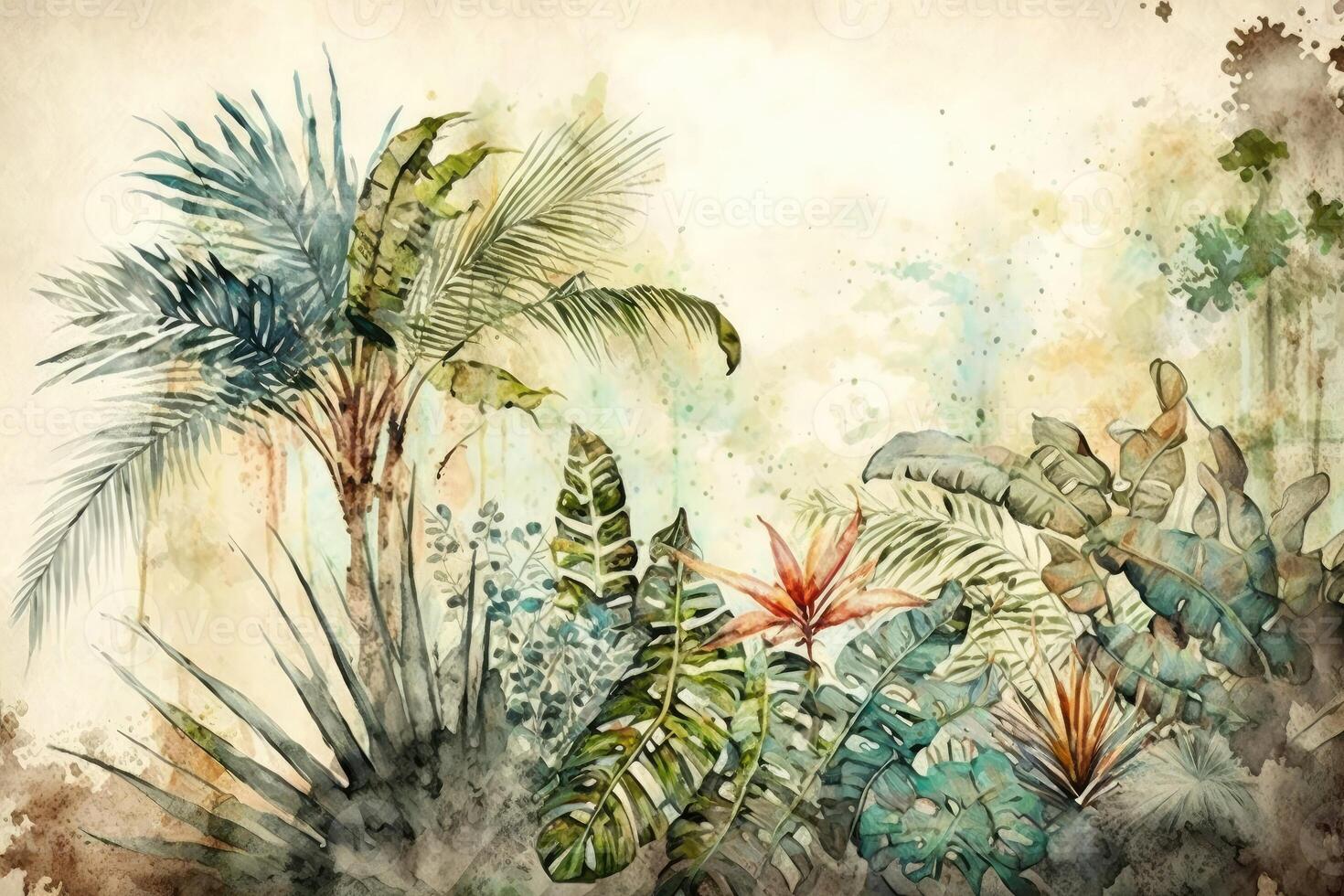 ai généré tropical les plantes et des arbres aquarelle La peinture pour texture Contexte photo fond d'écran.