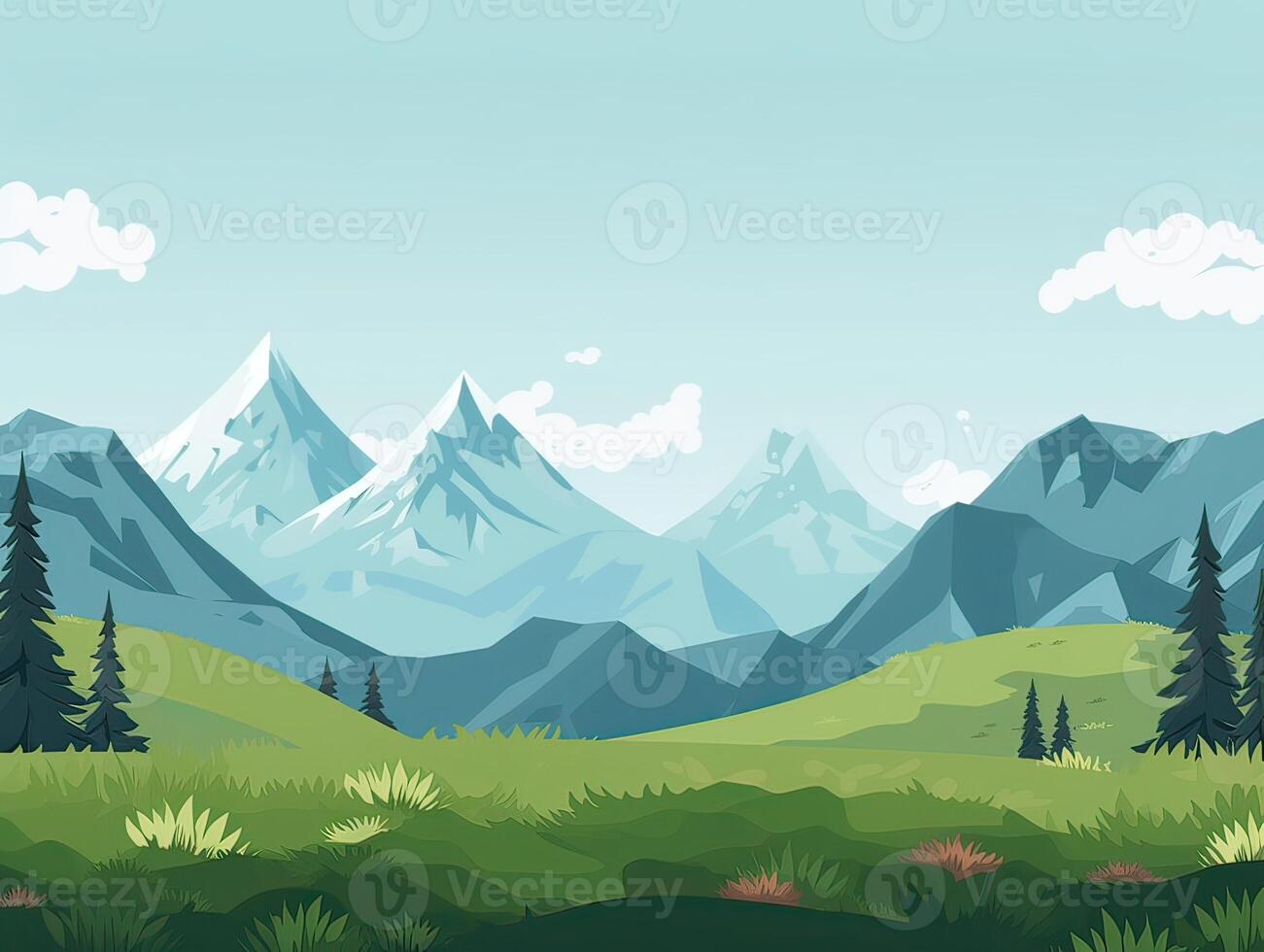 illustration de plat été dessin animé paysage. des champs avec des arbres et montagnes dans le Contexte. génératif ai. photo