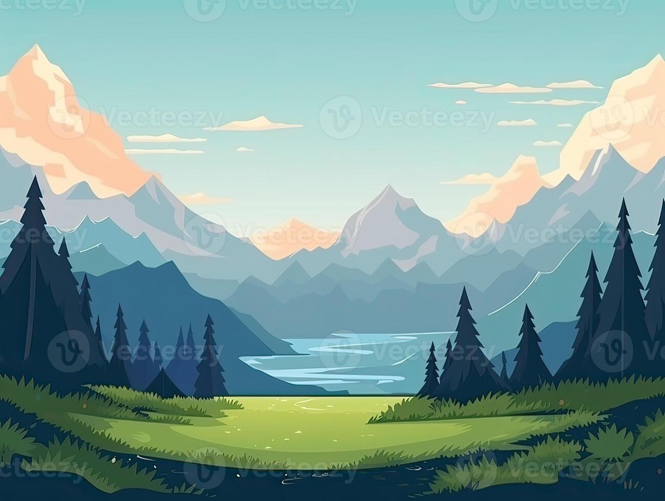 illustration de plat été dessin animé paysage. des champs avec des arbres et montagnes dans le Contexte. génératif ai. photo