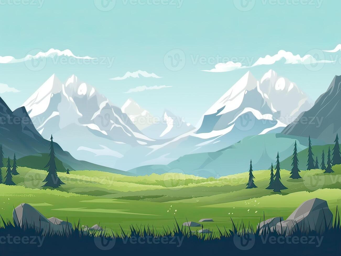 illustration de plat été dessin animé paysage. des champs avec des arbres et montagnes dans le Contexte. génératif ai. photo