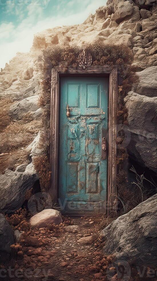 fantaisie enchanté Fée conte forêt avec une magique ouverture secret en bois porte.la Conte de fée bleu porte avec Conte de fée dans paradis. génératif ai. photo