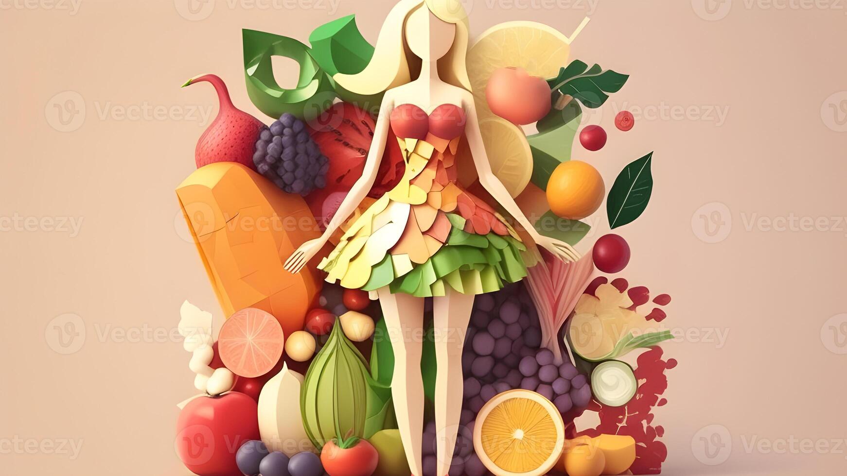 fille corps avec coloré Naturel nourriture et des fruits. génératif ai. photo