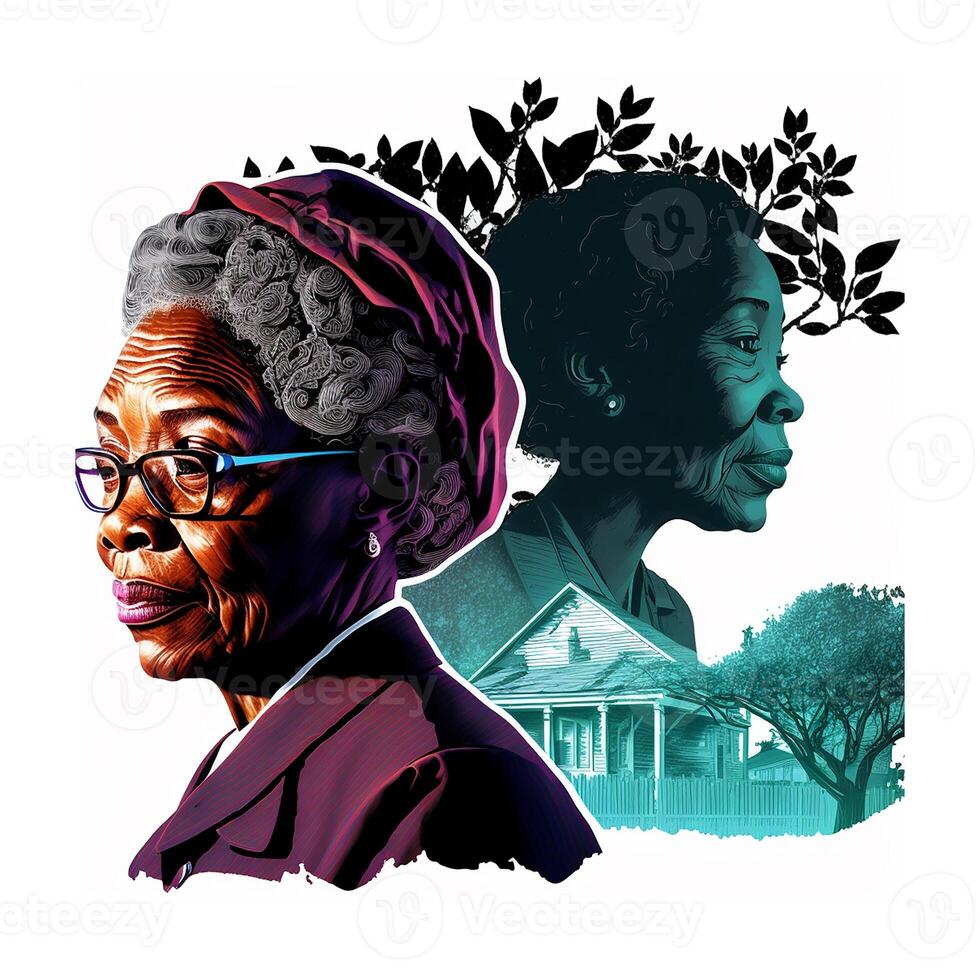 noir histoire mois, illustration ai généré. portrait de un africain personnes âgées femme, illustration dans Couleur crayon. photo