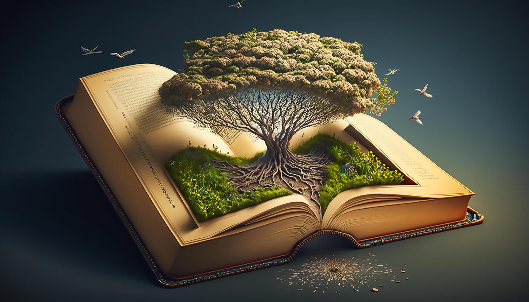 plantation la graine arbre de connaissance et sagesse dans le ouverture livre, génératif ai photo