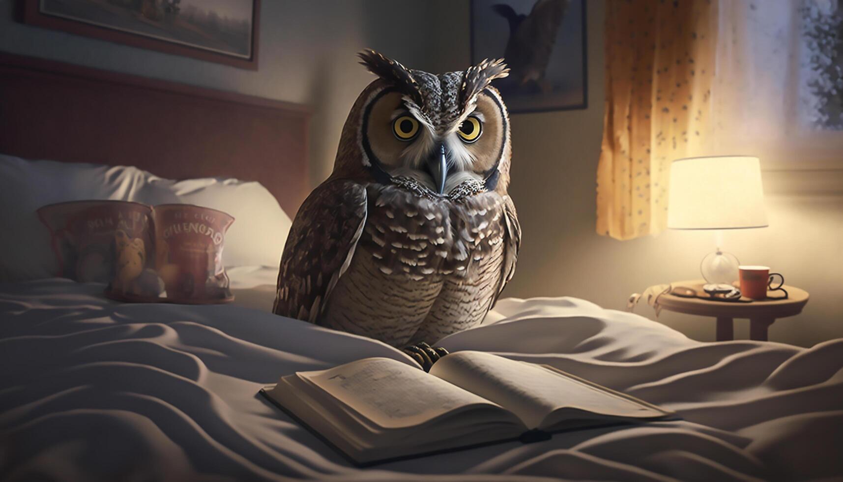 hibou en train de lire livre sur lit dans lit chambre, sagesse et connaissance concept, génératif ai photo