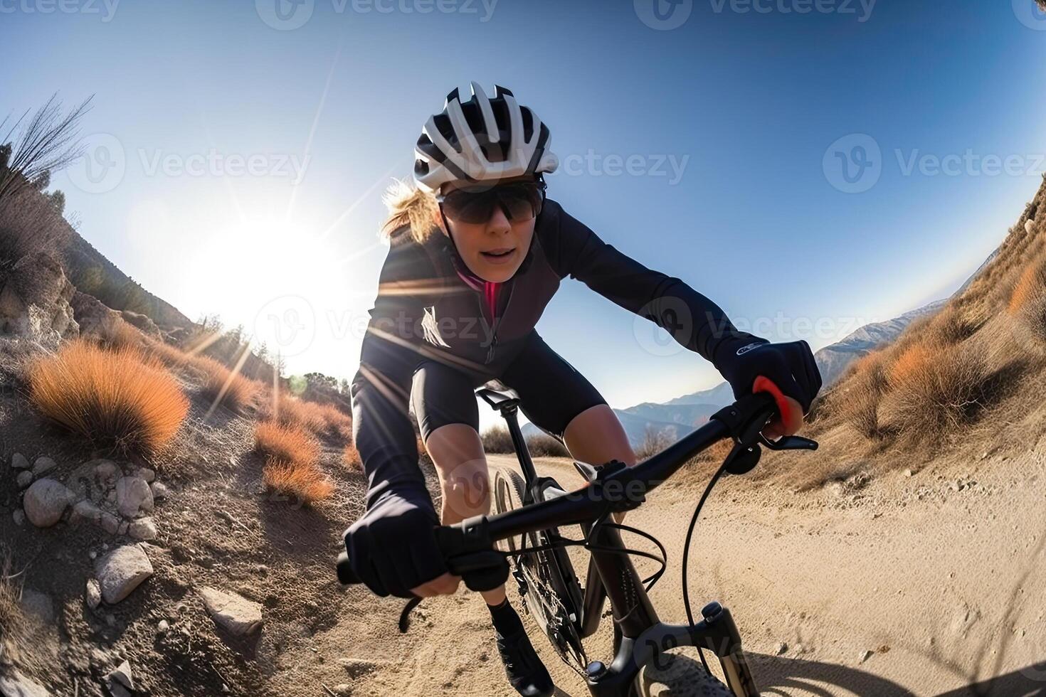 professionnel cycliste dans protecteur casque les trains sur Montagne route. femelle athlète les trains sur une vélo. établi avec génératif ai photo