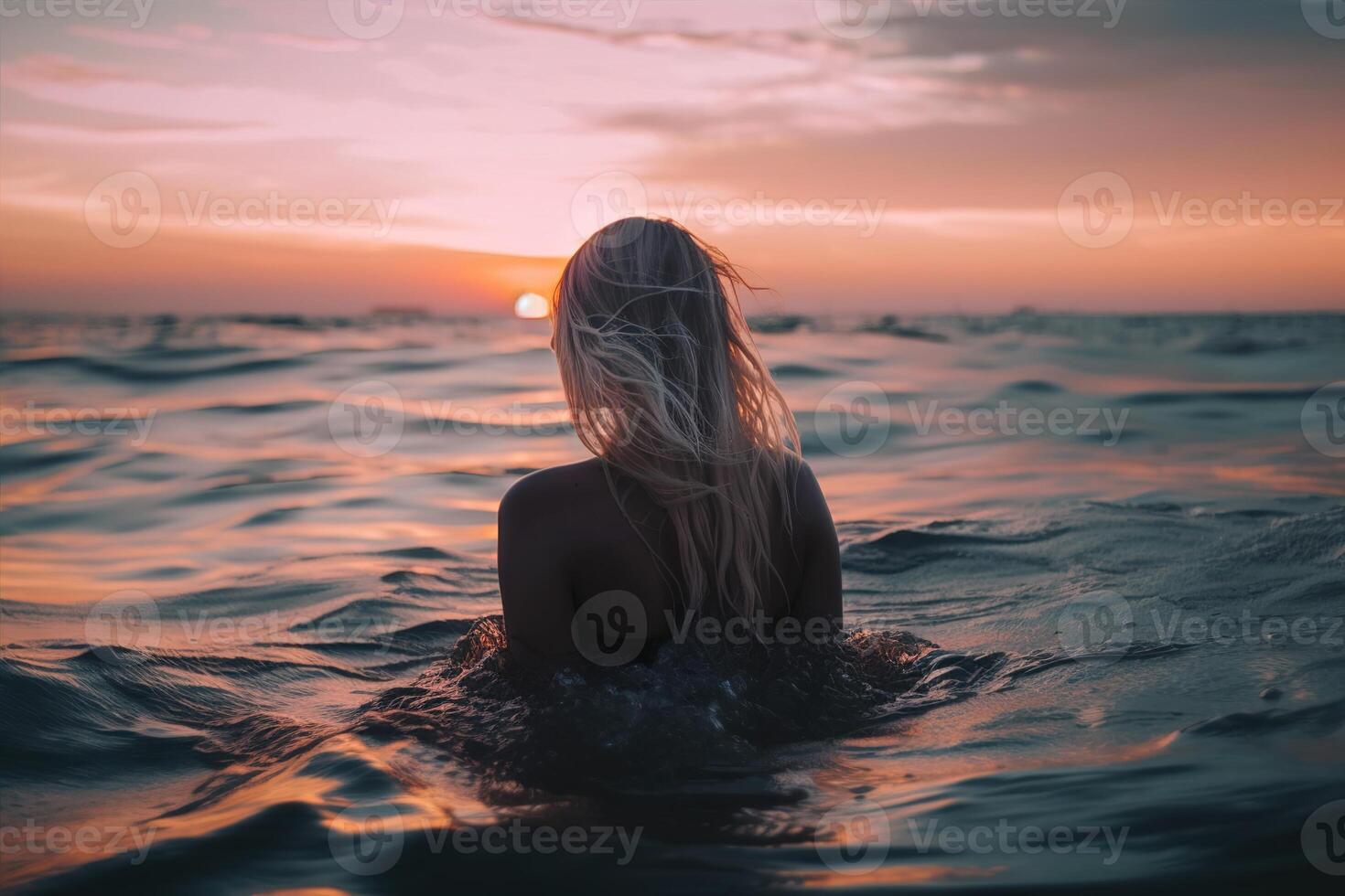 fille permanent dans une mer. vue de dos. magnifique le coucher du soleil. généré ai. photo