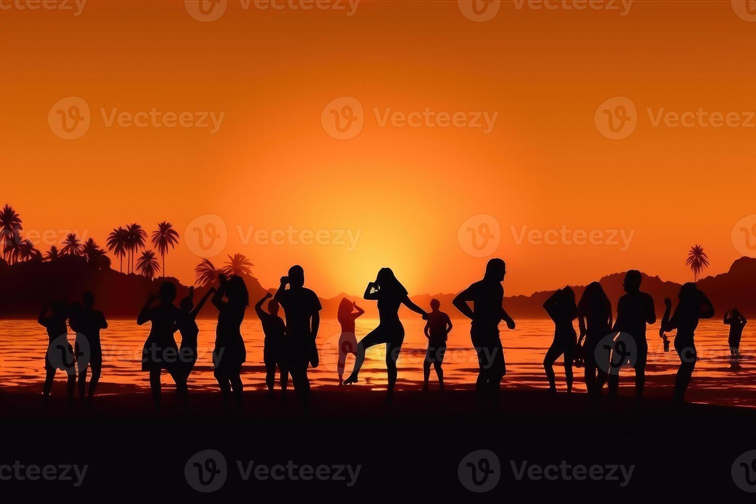 silhouettes de gens dansant été plage fête concept photo