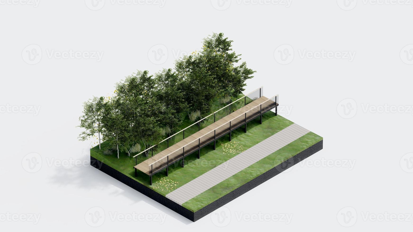 environnement isométrique parc la nature. isométrique environnement durable paysage forêt avec gens repos, 3d rendre illustration. environnement avec arbre, herbe feuille, rivière, sentier sur blanc isolé. photo