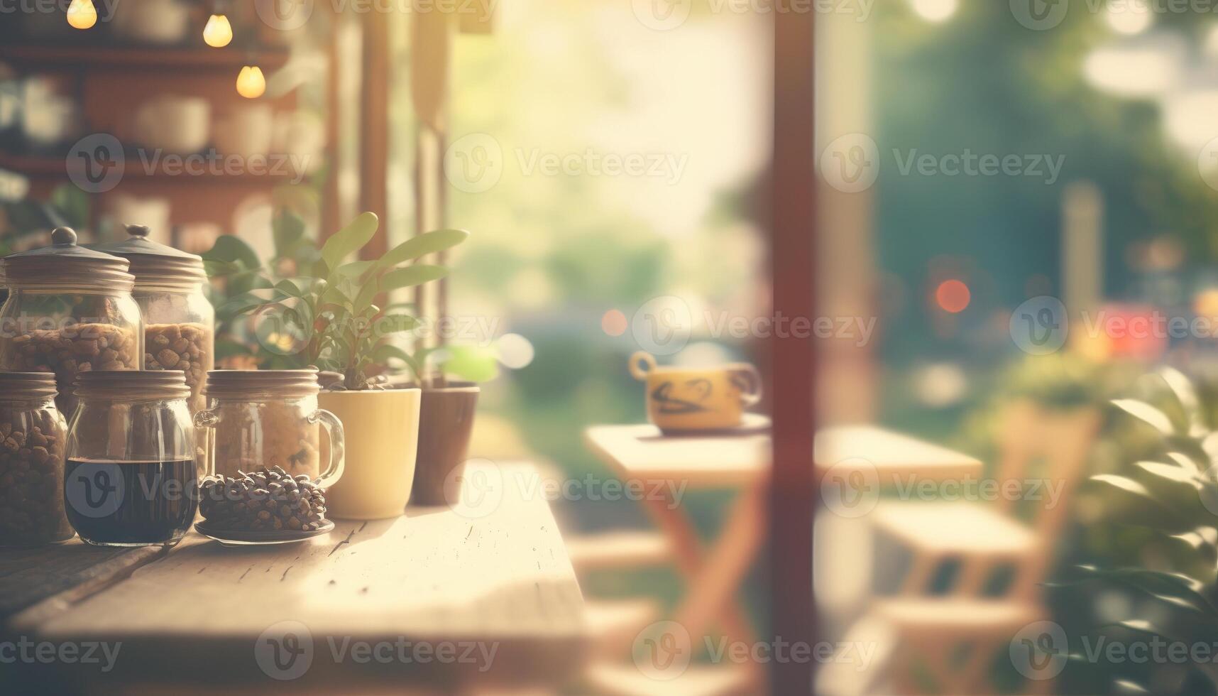 flou Contexte - café magasin dans jardin brouiller Contexte avec bokeh. génératif ai photo