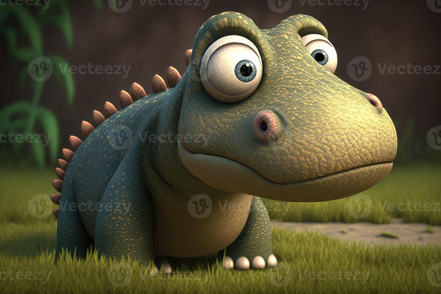 ai généré 3d mignonne iguanodon dessin animé. une groupe de primitif reptile dinosaures de le jurassique période. photo