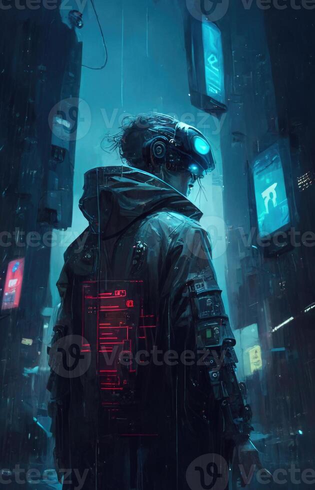 portrait de une Jeune cyberman avec court noir cheveux dans futuriste Couleur métal virtuel réalité lunettes, bleu fils. cyberespace augmenté réalité, futuriste vision. 3d génératif ai photo