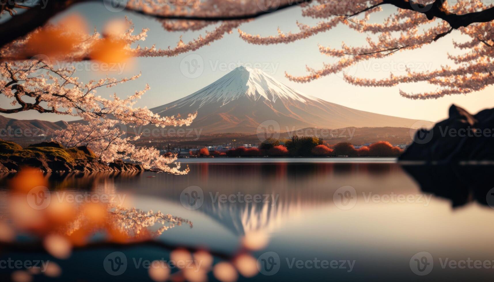 vue de monter Fuji avec Cerise fleurir, et fleurs à le Lac dans Japon. monter Fuji avec Cerise fleurir, fleurs à le Lac dans Japon Fuji Montagne à point de vue. génératif ai photo