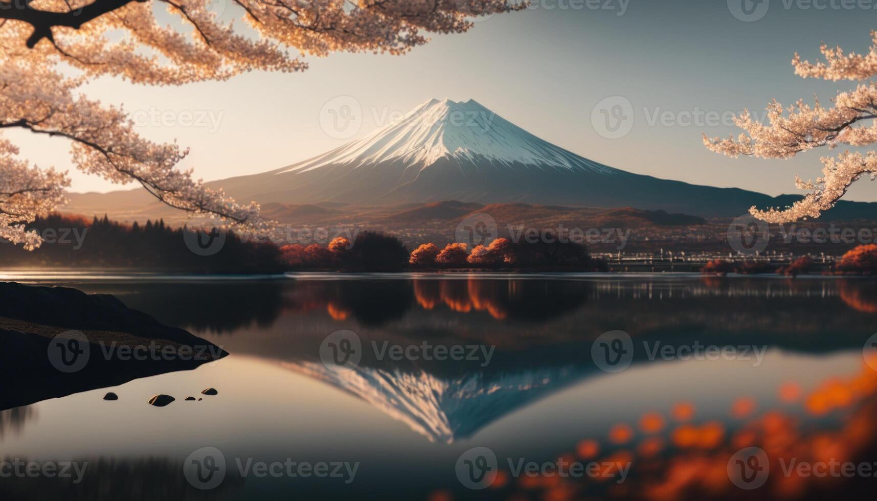 vue de monter Fuji avec Cerise fleurir, et fleurs à le Lac dans Japon. monter Fuji avec Cerise fleurir, fleurs à le Lac dans Japon Fuji Montagne à point de vue. génératif ai photo