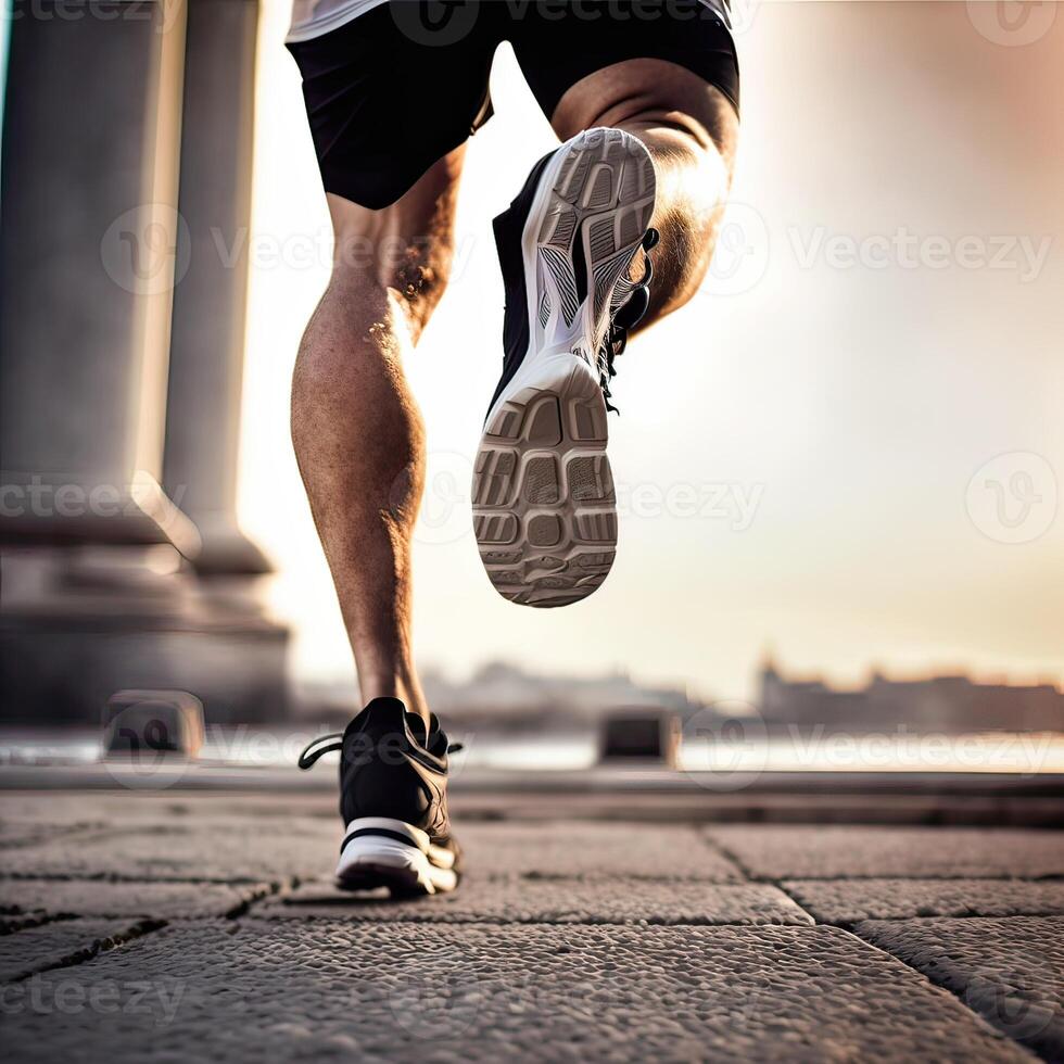 fermer de une coureur chaussure dans action. un pied sur le sol fermement, et le autre côté levé à préparer à monter et monter, en cours d'exécution. inexistant personne. génératif ai photo