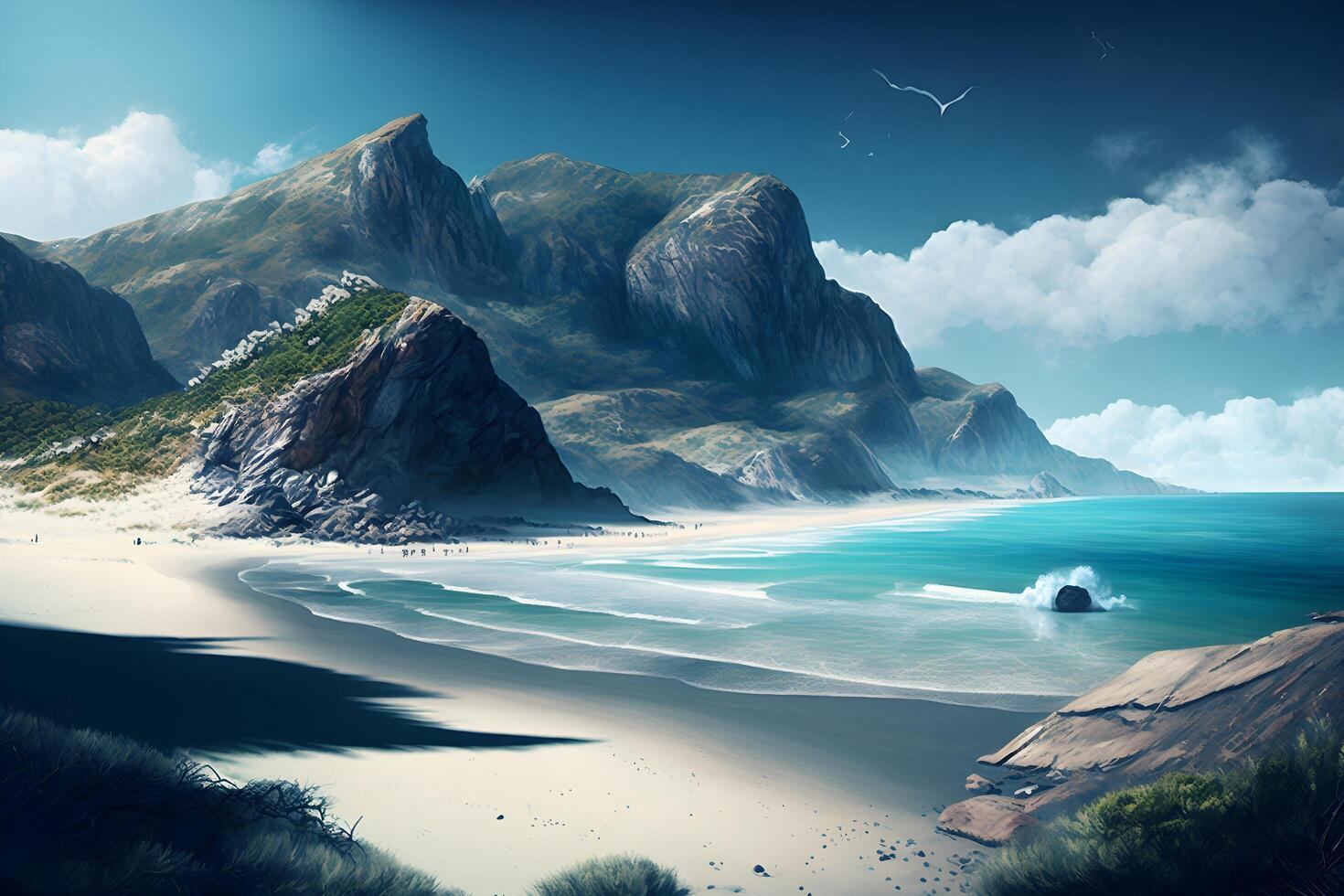 île illustration avec dessin animé mer Contexte prêt pour animation. inhabité île avec plage, paume des arbres et rochers entouré par mer eau, séparé couches par génératif ai La technologie photo
