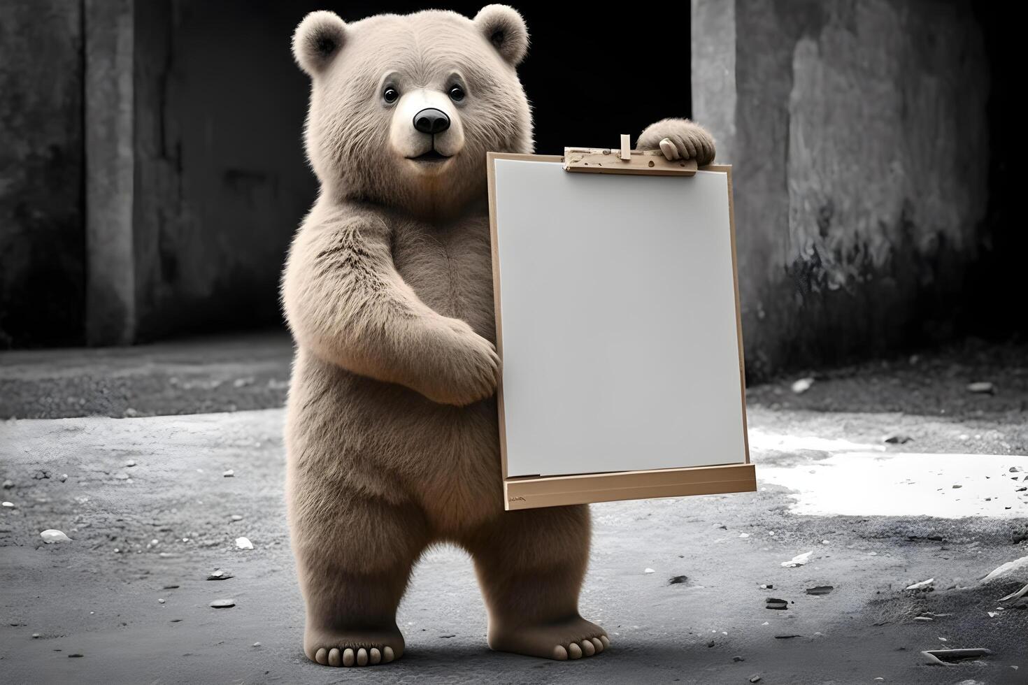 une ours est en portant une Vide tableau noir fabriqué par génératif ai technologie photo