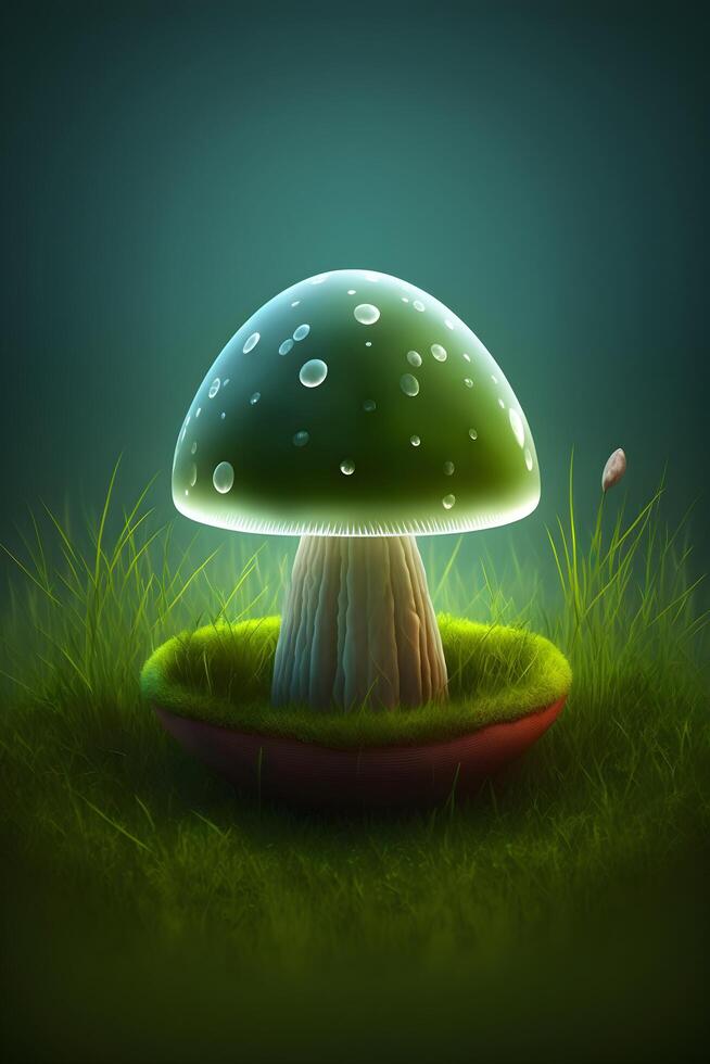 vert champignon sur herbe avec lumières fabriqué par génératif ai La technologie photo