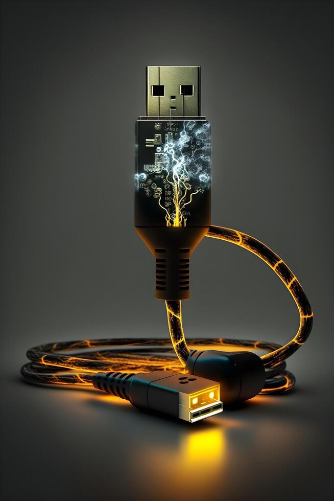 3d illustration de USB câble avec LED lumière, fabriqué par génératif ai La technologie photo