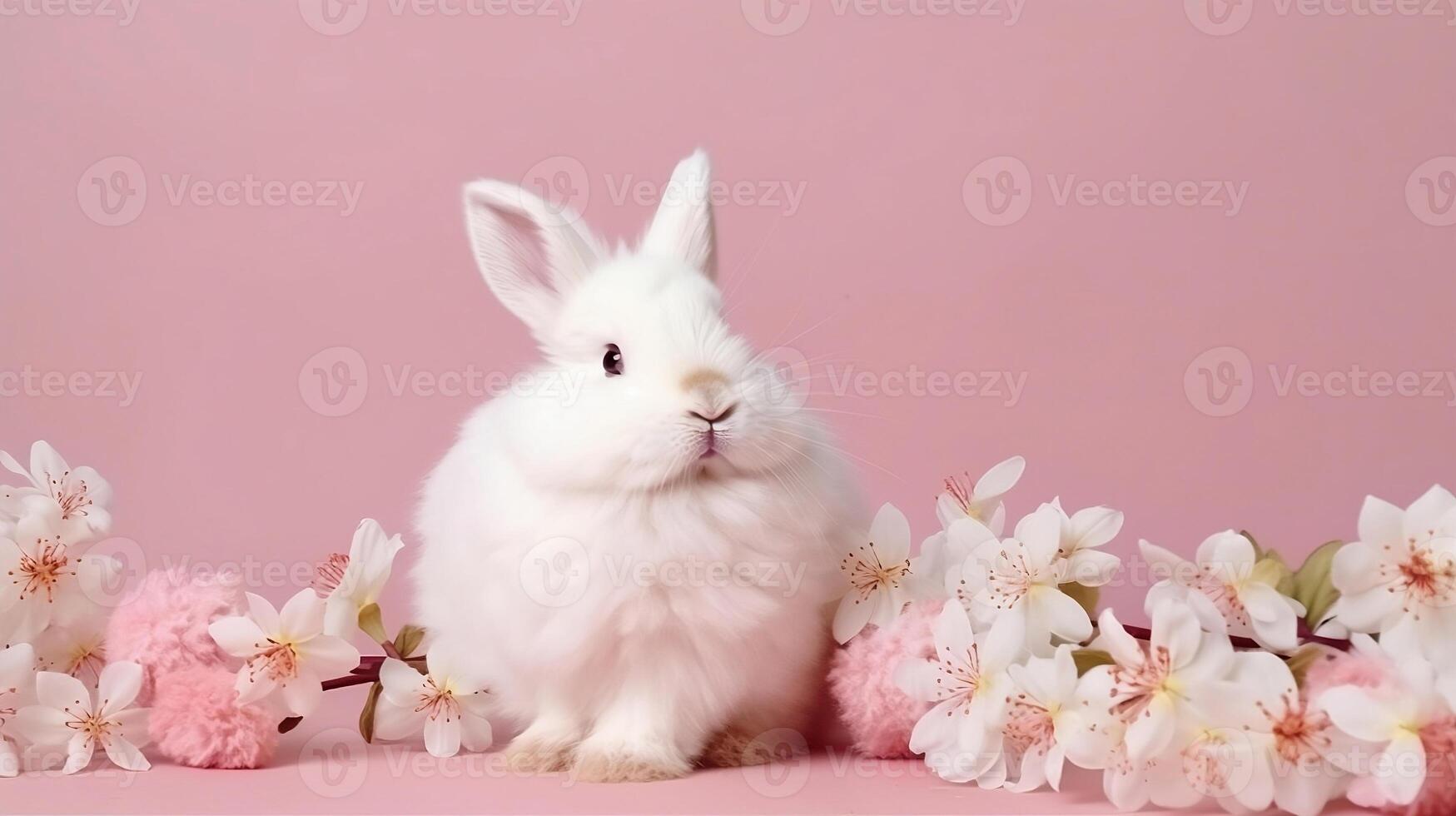 ai généré mignonne duveteux blanc Pâques lapin lapin parmi printemps rose épanouissement fleurs vacances salutation carte copie espace génératif ai photo