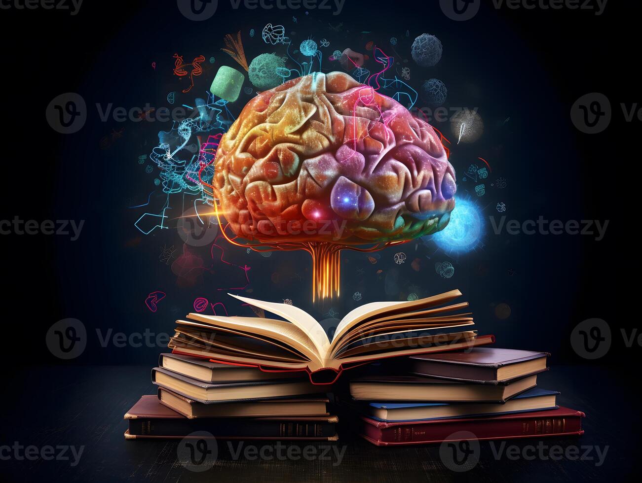 abstrait collage de éducation, cerveau, livre, et intelligence. ai généré photo