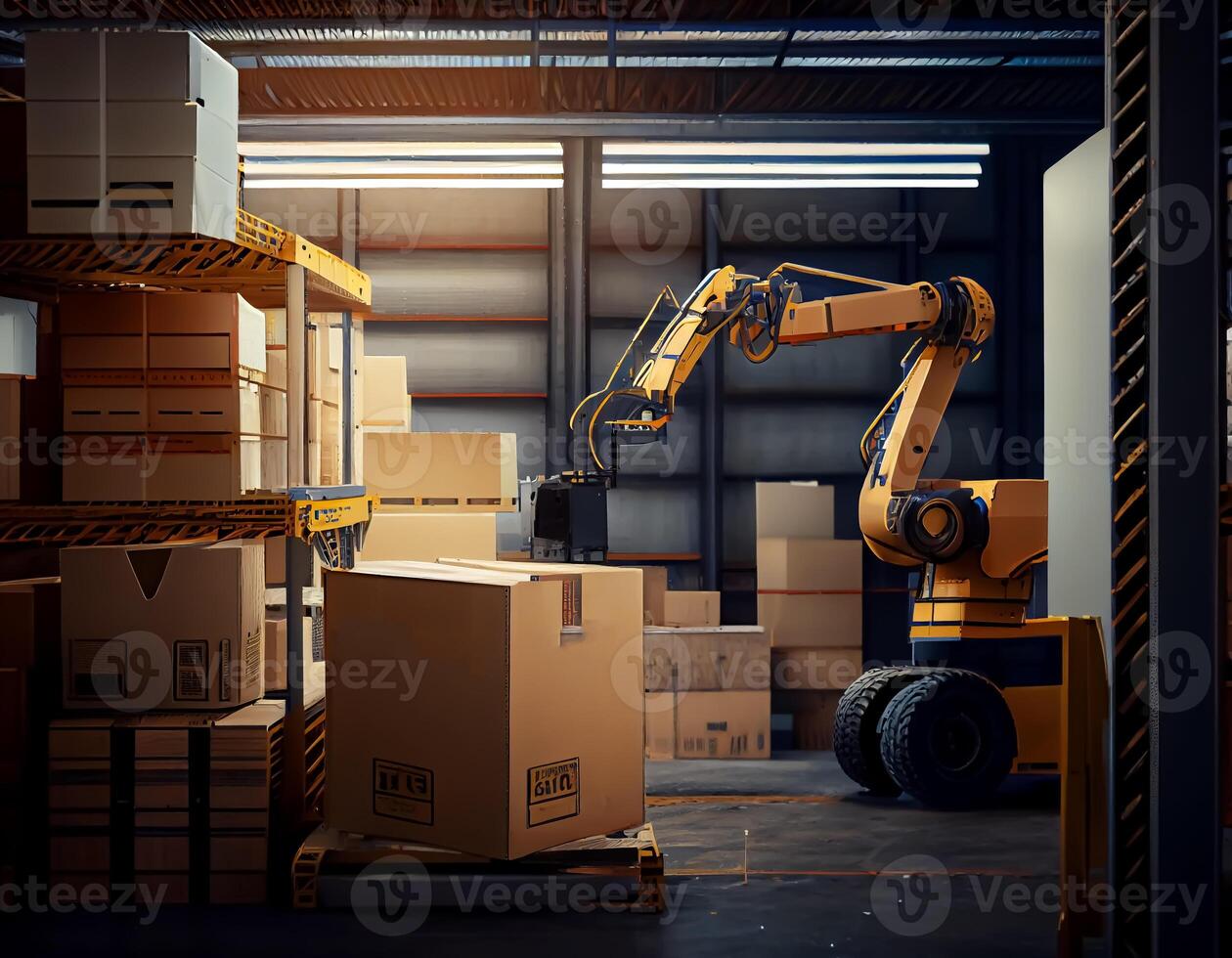 robot centre de la logistique stockage, robot bras avec boîte travail dans le Matériel industriel.génératif ai photo