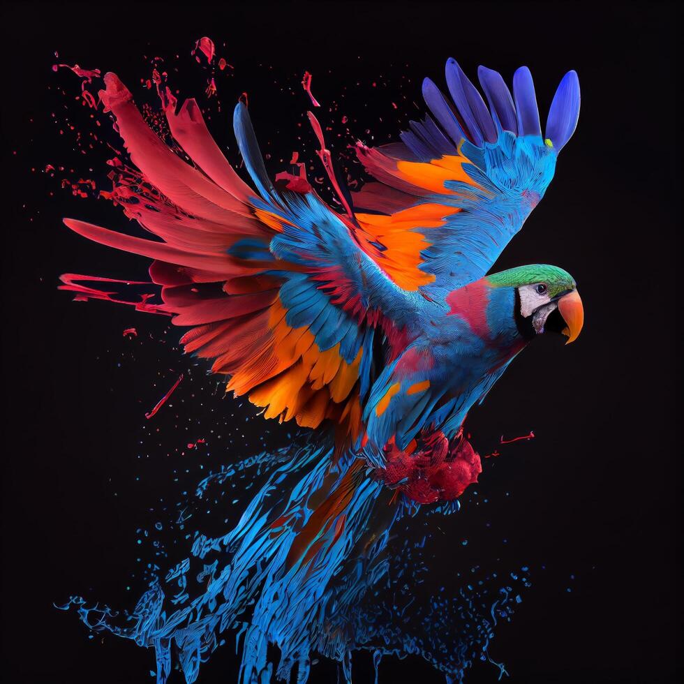 perroquet éclabousser couleurs sur noir Contexte génératif ai photo