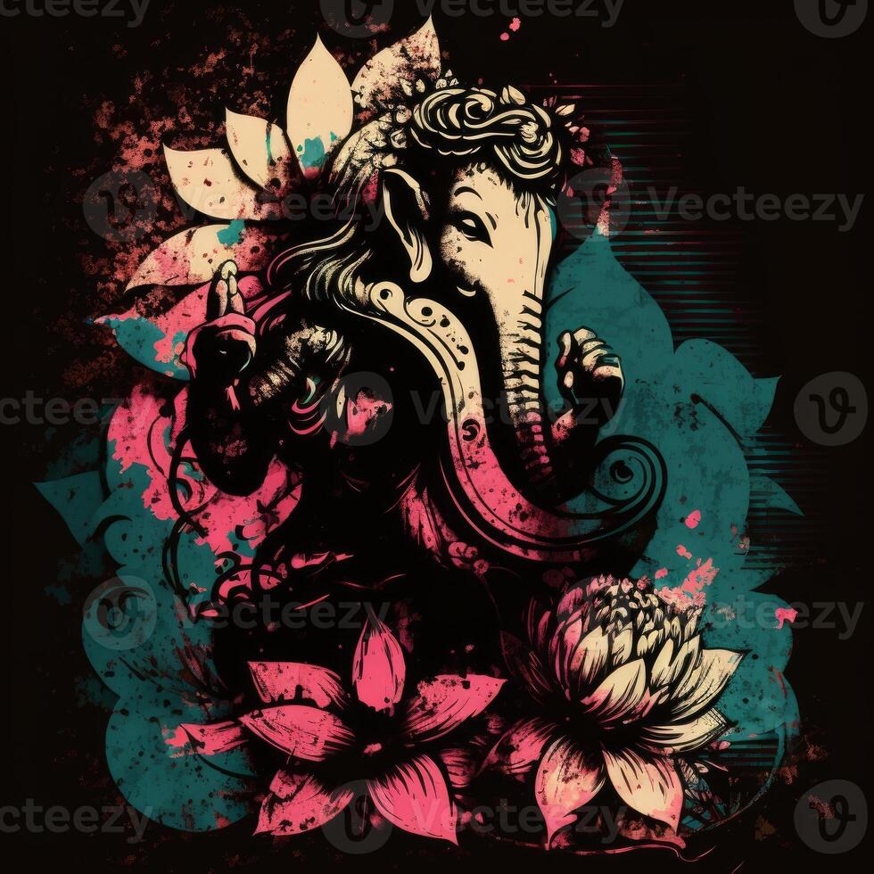 ganpati coloré portrait avec fleurs sur noir Contexte génératif ai photo