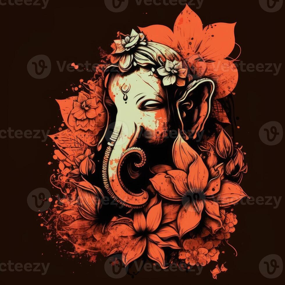 ganpati portrait avec fleurs sur foncé Contexte génératif ai photo