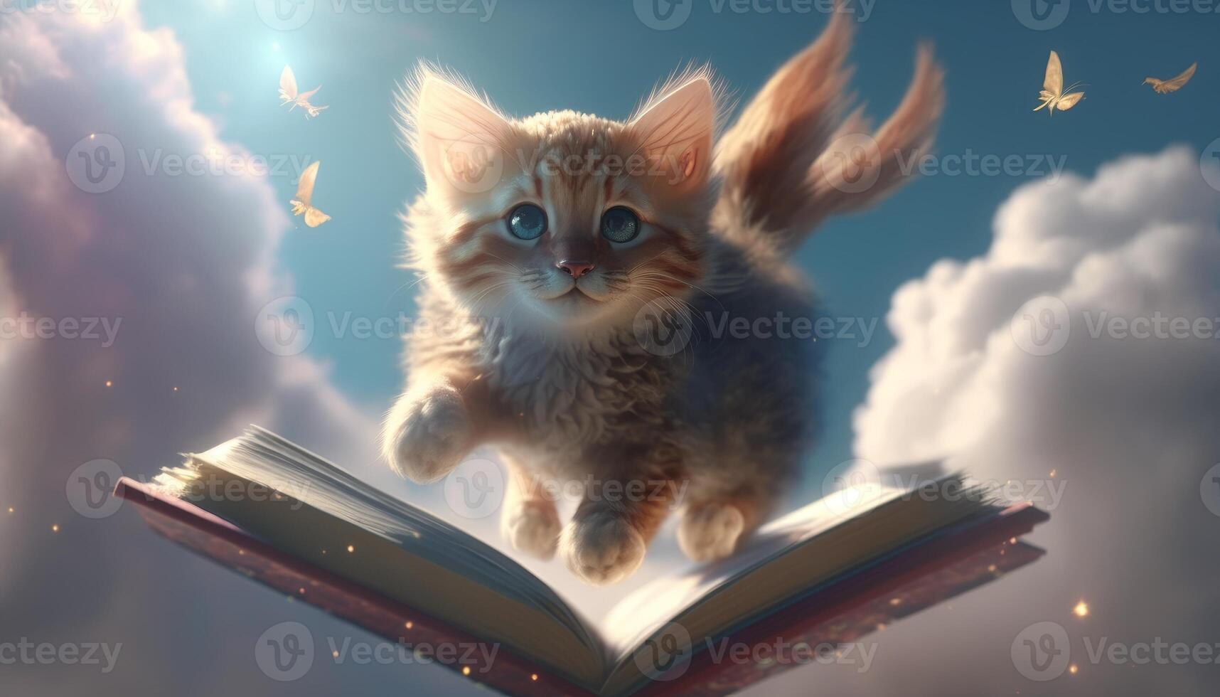 mignonne chaton en volant avec livres connaissance nuage art génératif ai photo