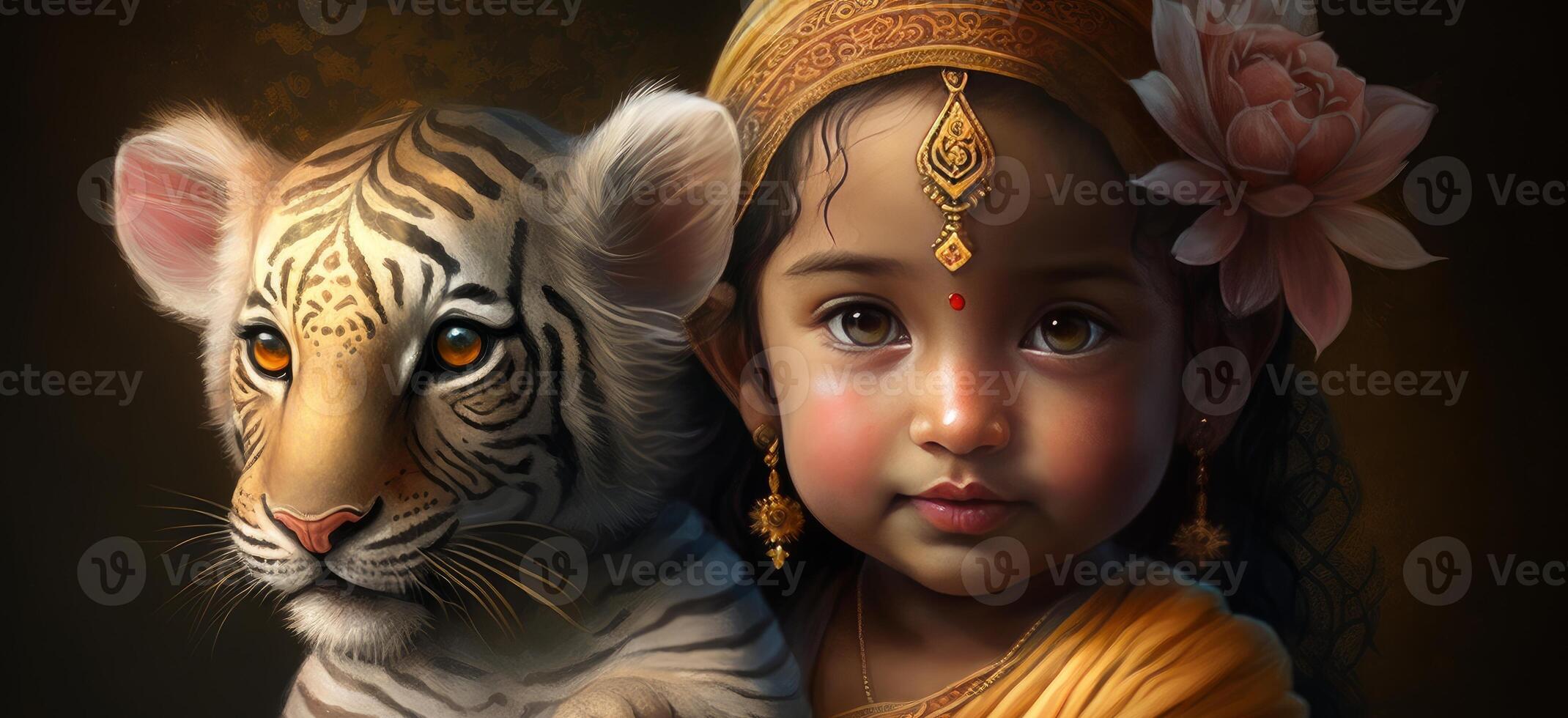 peu mignonne bébé durga avec bébé tigre mignonne 8k génératif ai photo